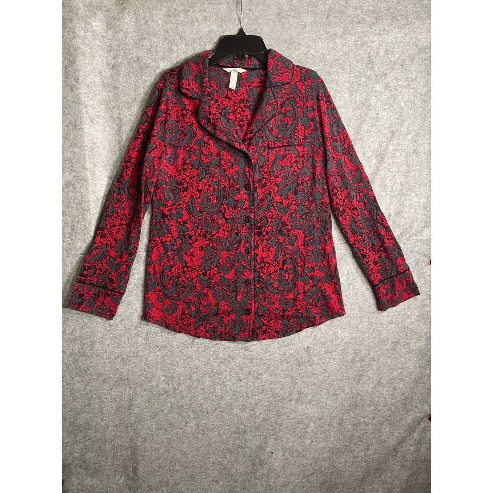 Soma Pajama Top Womens Small Red Grey Damask Floral Cotton Modal Button Up Shirt